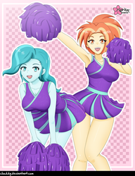 Size: 1444x1882 | Tagged: safe, artist:clouddg, lighthoof, shimmy shake, human, 2 4 6 greaaat, equestria girls, g4, armpits, cheerleader, duo, duo female, equestria girls-ified, female, looking at you, multiple variants, pom pom, signature, smiling