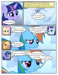 Size: 612x792 | Tagged: safe, artist:newbiespud, edit, edited screencap, screencap, applejack, fluttershy, rainbow dash, rarity, twilight sparkle, earth pony, pegasus, pony, unicorn, comic:friendship is dragons, friendship is magic, g4, bridge, comic, dialogue, female, fog, mare, screencap comic, unicorn twilight