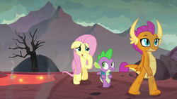 Size: 1280x720 | Tagged: safe, screencap, fluttershy, smolder, spike, dragon, pegasus, pony, g4, sweet and smoky, dead tree, dragon lands, dragoness, female, lava, male, mare, plugged nose, smelly, sulfur, tree, trio, winged spike, wings
