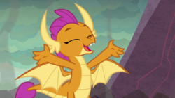 Size: 1920x1080 | Tagged: safe, screencap, smolder, dragon, g4, sweet and smoky, cute, dragoness, eyes closed, female, smolderbetes, solo, spread arms, spread wings, wings