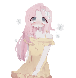 Size: 1000x1024 | Tagged: safe, artist:t-0-rtured, fluttershy, butterfly, human, g4, anime style, blushing, clothes, dress, female, humanized, looking at you, simple background, solo, sundress, white background