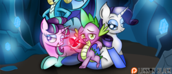 Size: 1400x605 | Tagged: safe, artist:lennonblack, edit, princess ember, rarity, spike, starlight glimmer, dragon, g4, cave, clothes, cropped, dragoness, female, gem, heart, looking at you, male, mare, patreon, patreon logo, ship:sparity, ship:sparlight, shipping, socks, spike gets all the mares, straight, trio