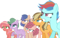 Size: 1689x1065 | Tagged: safe, artist:angellight-bases, artist:millerrachel, oc, oc only, oc:apple butter, oc:aura, oc:candy apple, oc:cinnamon swirl, oc:elusive, oc:hue, dracony, earth pony, hybrid, pegasus, pony, unicorn, angry eyes, base used, colored pupils, determined, dragon horns, female, frown, gritted teeth, interspecies offspring, lidded eyes, mare, multicolored hair, next generation, offspring, parent:applejack, parent:big macintosh, parent:caramel, parent:cheese sandwich, parent:flash sentry, parent:fluttershy, parent:pinkie pie, parent:rainbow dash, parent:rarity, parent:soarin', parent:spike, parent:twilight sparkle, parents:carajack, parents:cheesepie, parents:flashlight, parents:fluttermac, parents:soarindash, parents:sparity, rainbow hair, raised hoof, scales, scowl, simple background, starry eyes, transparent background, wingding eyes, worried