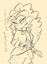 Size: 1534x2048 | Tagged: safe, artist:noupu, adagio dazzle, equestria girls, g4, clothes, female, japanese, microphone, monochrome, shirt, shorts, solo, spiked wristband, translated in the comments, wristband