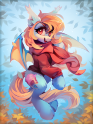 Size: 800x1057 | Tagged: safe, artist:share dast, oc, oc only, oc:sweet riot, bat pony, pony, bat pony oc, clothes, female, flying, leaves, mare, scarf, solo, speedpaint available, sweater