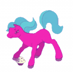 Size: 278x275 | Tagged: safe, oc, oc only, earth pony, pony, g2, my little pony: friendship gardens, angry, animated, cupcake, cute, eating, female, food, madorable, mare, simple background, solo, transparent background, unshorn fetlocks, vulgar description