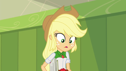 Size: 1280x720 | Tagged: safe, screencap, applejack, equestria girls, g4, monday blues, my little pony equestria girls: summertime shorts, applejack's hat, clothes, cowboy hat, female, geode of super strength, hat, lockers, looking down, magical geodes