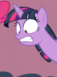 Size: 480x645 | Tagged: safe, screencap, pinkie pie, twilight sparkle, alicorn, earth pony, pony, a trivial pursuit, g4, animated, cropped, female, gif, juxtaposition bait, mare, multi image animation, nervous, shrunken pupils, solo focus, sweat, twilight sparkle (alicorn), wide eyes