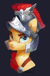 Size: 2304x3508 | Tagged: safe, artist:sofiko-ko, flash magnus, pegasus, pony, g4, black background, bust, dark background, helmet, high res, looking at you, male, portrait, signature, simple background, smiling, solo, stallion