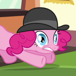Size: 640x640 | Tagged: safe, screencap, pinkie pie, earth pony, pony, g4, mmmystery on the friendship express, season 2, bowler hat, cropped, female, hat, mare, out of context, solo
