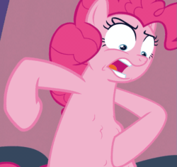 Size: 687x645 | Tagged: safe, screencap, pinkie pie, earth pony, pony, a trivial pursuit, g4, season 9, animated, belly, cropped, faic, female, fetish fuel, gif, hungry, juxtaposition bait, looking at belly, mare, multi image animation, out of context, pinkie pie is not amused, poking, ripple, solo, squishy, stomach growl, stomach noise, tummy poke, unamused