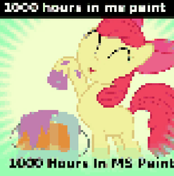 Size: 364x368 | Tagged: safe, apple bloom, earth pony, pony, derpibooru, g4, 1000 hours in ms paint, female, filly, meta, paint, pixelated, solo, spoiler tag, spoilered image joke
