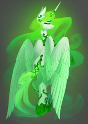 Size: 3508x4961 | Tagged: safe, artist:underpable, oc, oc only, oc:eos, alicorn, pony, alicorn oc, ethereal mane, female, glowing mane, green eyes, green mane, jewelry, large wings, mare, regalia, smiling, solo, wings