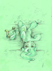 Size: 1652x2268 | Tagged: safe, artist:alexandrvirus, lyra heartstrings, pony, unicorn, g4, female, grass, leonine tail, limited palette, looking at you, lyre, musical instrument, on back, signature, smiling, solo, tongue out, traditional art, unshorn fetlocks
