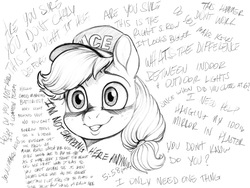 Size: 2048x1536 | Tagged: safe, artist:verulence, applejack, earth pony, pony, g4, black and white, bust, cap, dialogue, female, grayscale, hairband, hat, monochrome, retail, solo, text