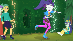 Size: 1914x1080 | Tagged: safe, screencap, blueberry cake, guy grove, rarity, starlight, equestria girls, g4, lost and pound, lost and pound: rarity, my little pony equestria girls: choose your own ending, background human, book, chase, clothes, female, geode of shielding, hedge maze, legs, magical geodes, male, marshmelodrama, maze, mud, muddy, neon garden maze, open mouth, outdoors, rarity being rarity, running, scared, shorts, terrified