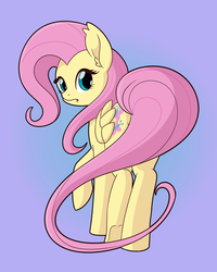 Size: 4800x6000 | Tagged: safe, artist:chedx, fluttershy, pegasus, pony, g4, back, fanart, female, folded wings, looking at you, looking back, looking back at you, mare, raised hoof, simple background, solo, tail, wings