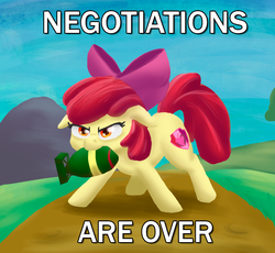 Size: 835x769 | Tagged: safe, artist:tkuroneko, apple bloom, earth pony, pony, g4, bomb, caption, cutie mark, drawthread, female, filly, image macro, mini nuke, mouth hold, ponified, solo, text, the cmc's cutie marks, weapon