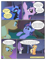 Size: 612x792 | Tagged: safe, artist:newbiespud, edit, edited screencap, screencap, applejack, nightmare moon, rarity, twilight sparkle, alicorn, earth pony, pony, unicorn, comic:friendship is dragons, friendship is magic, g4, castle of the royal pony sisters, cliff, comic, dialogue, ethereal mane, female, freckles, hat, helmet, mare, screencap comic, starry mane, unicorn twilight