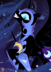 Size: 848x1200 | Tagged: safe, artist:arctic-fox, nightmare moon, alicorn, pony, g4, ethereal mane, evil grin, female, galaxy mane, grin, helmet, hoof shoes, mare, patreon, patreon logo, smiling, solo