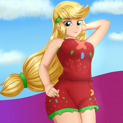 Size: 2000x2000 | Tagged: safe, artist:focusb, applejack, human, equestria girls, equestria girls series, g4, spring breakdown, spoiler:eqg series (season 2), arm behind head, body freckles, breasts, busty applejack, clothes, female, freckles, high res, humanized, looking at you, solo