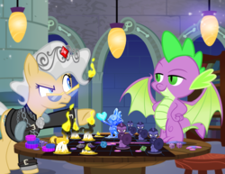 Size: 1000x773 | Tagged: safe, artist:pixelkitties, mayor mare, spike, dragon, g4, cathy weseluck, cheating, chess, clothes, dice, duo, fire, fire breath, voice actor joke, winged spike, wings