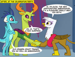 Size: 3541x2699 | Tagged: safe, artist:chedx, gilda, princess ember, thorax, changedling, changeling, dragon, griffon, comic:griffonstone's new ambassador, g4, banner, claw shake, dragoness, female, high res, hooves, king thorax, male, missing word, ribbon, smiling