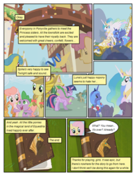 Size: 612x792 | Tagged: safe, artist:newbiespud, edit, edited screencap, screencap, apple strudely, daisy, dizzy twister, doctor whooves, flower wishes, fluttershy, ginger gold, lemon hearts, orange swirl, pink lady, princess celestia, princess luna, spike, spring melody, sprinkle medley, time turner, twilight sparkle, alicorn, earth pony, pegasus, pony, unicorn, comic:friendship is dragons, friendship is magic, g4, apple family member, book, book of harmony, comic, dialogue, female, floral head wreath, flower, hug, male, mare, royal guard, s1 luna, screencap comic, unicorn twilight