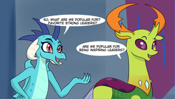Size: 4481x2533 | Tagged: safe, artist:chedx, princess ember, thorax, changedling, changeling, dragon, comic:griffonstone's new ambassador, g4, dragoness, excited, female, king thorax, male, smiling