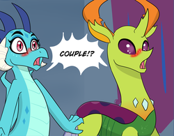 Size: 3277x2557 | Tagged: safe, artist:chedx, princess ember, thorax, changedling, changeling, dragon, comic:griffonstone's new ambassador, g4, blushing, dragoness, female, high res, king thorax, male, ship:embrax, shipping, shocked, straight