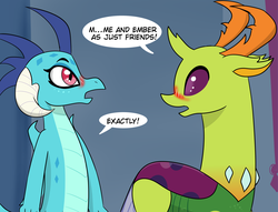 Size: 3340x2556 | Tagged: safe, artist:chedx, princess ember, thorax, changedling, changeling, dragon, comic:griffonstone's new ambassador, g4, blushing, dragoness, female, grammar error, high res, king thorax, male, ship:embrax, shipping, shocked, straight
