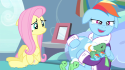 Size: 1920x1080 | Tagged: safe, edit, edited screencap, editor:michaelsety, screencap, fluttershy, rainbow dash, tank, g4, tanks for the memories, bedroom eyes, clothes, dashie slippers, floppy ears, inverted mouth, slippers, tank slippers, teary eyes