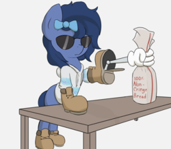 Size: 2576x2250 | Tagged: safe, artist:triplesevens, oc, oc only, oc:whinny, earth pony, pony, bag, boots, bread, clothes, food, hair bow, hand, high res, machine, shoes, sunglasses, sweater, timberland boots