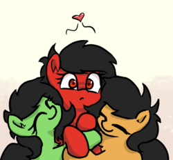 Size: 528x491 | Tagged: safe, artist:plunger, oc, oc only, oc:filly anon, earth pony, pony, /mlpol/, 8chan, ear fluff, eyes closed, female, filly, heart, hug, red and black oc, red anon, simple background, smiling, surprised, white background, wide eyes