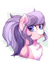 Size: 1063x1275 | Tagged: safe, artist:riukime, oc, oc only, oc:cotton breeze, pegasus, pony, bust, chest fluff, female, looking at you, mare, pale belly, ponytail, signature, simple background, solo, tongue out, white background