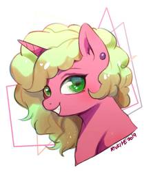 Size: 892x1005 | Tagged: safe, artist:riukime, oc, oc only, oc:berry blitz, pony, unicorn, ear fluff, ear piercing, female, grin, looking at you, mare, piercing, smiling, solo