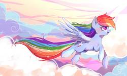 Size: 1775x1063 | Tagged: safe, artist:riukime, rainbow dash, pegasus, pony, g4, cloud, female, flying, happy, mare, open mouth, outdoors, pastel, rainbow, sky, smiling, solo, spread wings, wings