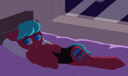 Size: 5000x3000 | Tagged: safe, artist:oc:windsweeper, artist:xcinnamon-twistx, oc, oc only, oc:windsweeper, earth pony, pony, bed, bedroom, black swimsuit, clothes, female, finished commission, looking at you, lying on bed, night, on side, one-piece swimsuit, short hair, short mane, short tail, solo, swimsuit, ych result