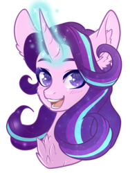 Size: 1800x2400 | Tagged: safe, artist:fuufuucuddles, artist:haine--chan, starlight glimmer, pony, unicorn, g4, blushing, bust, chest fluff, curved horn, ear fluff, female, glowing horn, happy, horn, looking at you, mare, open mouth, portrait, smiling, solo