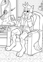 Size: 553x792 | Tagged: safe, artist:smudge proof, gallus, griffon, anthro, g4, cellphone, cropped, explicit source, grayscale, monochrome, paws, phone, sitting, smartphone, tail, thicc thighs, wings