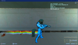 Size: 1602x933 | Tagged: safe, oc, human, pony head on human body, 3d, game screencap, glowing, half-life, ponytail, rainbow trail, sven co-op, video game