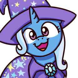 Size: 1000x1000 | Tagged: safe, artist:sugar morning, trixie, pony, unicorn, g4, :3, bust, cape, clothes, cute, diatrixes, female, hat, illuminati confirmed, looking at you, mare, open mouth, simple background, smiling, solo, sugar morning's smiling ponies, transparent background, trixie's cape, trixie's hat