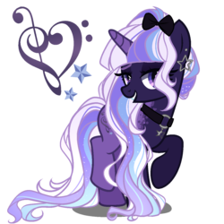 Size: 1200x1200 | Tagged: safe, artist:gihhbloonde, oc, oc only, unnamed oc, pony, unicorn, base used, bow, choker, collar, colored horn, ear piercing, earring, female, gradient mane, gradient tail, grin, hair bow, horn, jewelry, lidded eyes, long mane, long tail, looking at you, magical lesbian spawn, mare, offspring, parent:coloratura, parent:twilight sparkle, parents:twitura, piercing, ponytail, purple eyes, raised hoof, simple background, smiling, solo, sparkly mane, sparkly tail, standing on two hooves, tail, transparent background, unicorn oc