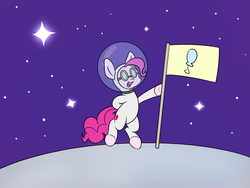 Size: 1200x900 | Tagged: safe, artist:heir-of-rick, pinkie pie, earth pony, pony, g4, sparkle's seven, astronaut pinkie, bipedal, female, flag, mare, open mouth, ponk, solo, space, spacesuit