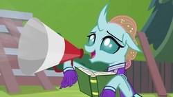 Size: 1920x1080 | Tagged: safe, screencap, ocellus, changedling, changeling, 2 4 6 greaaat, g4, book, cheerleader outfit, clothes, female, megaphone, solo