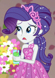 Size: 709x1000 | Tagged: safe, screencap, rarity, human, costume conundrum, costume conundrum: applejack, equestria girls, g4, my little pony equestria girls: choose your own ending, bare shoulders, beautiful, bulk biceps' home, clothes, cropped, dress, drink, drinking straw, female, gown, hairstyle, jewelry, sleeveless, solo, strapless, tiara