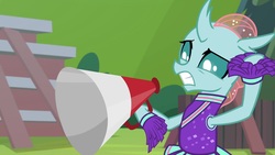 Size: 1920x1080 | Tagged: safe, screencap, ocellus, changedling, changeling, 2 4 6 greaaat, g4, cheerleader ocellus, cheerleader outfit, clothes, female, megaphone, solo