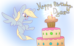 Size: 1280x808 | Tagged: safe, artist:heir-of-rick, derpy hooves, pegasus, pony, g4, birthday, birthday cake, cake, female, food, gradient background, mare, muffin, solo, text, tongue out