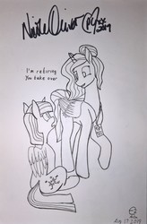 Size: 2526x3848 | Tagged: safe, artist:expression2, princess celestia, twilight sparkle, alicorn, pony, g4, autograph, convention:alicon, high res, traditional art, twilight sparkle (alicorn)