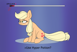 Size: 2100x1400 | Tagged: safe, artist:heir-of-rick, applejack, earth pony, pony, g4, female, gradient background, health bars, mare, missing accessory, misspelling, solo, text, tired